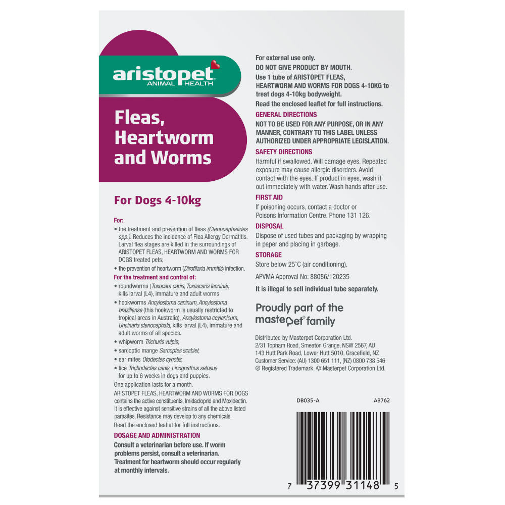 Aristopet Spot On Fleas, Heartworm, and Worms Treatment for Dogs 4-10kg