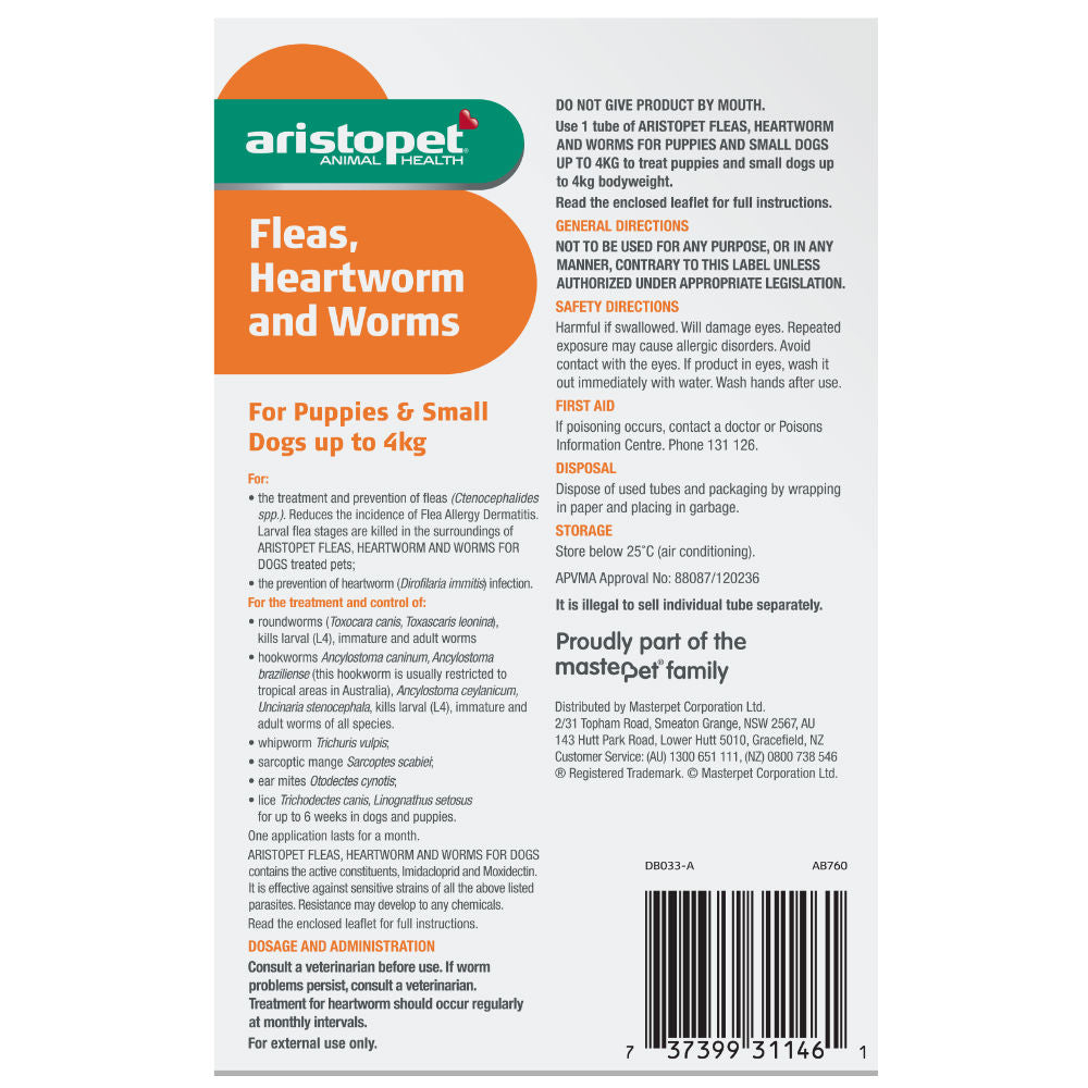 Aristopet Spot on Fleas, Heartworm, and worms Treatment for Puppies and Dogs up to 4kg